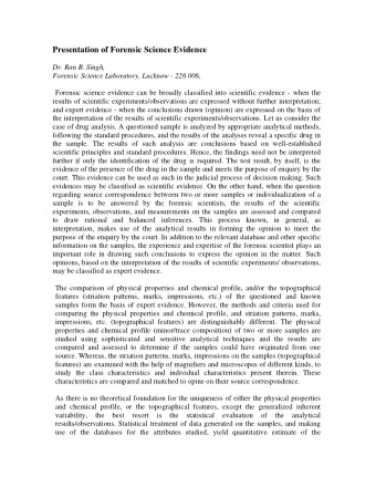 Presentation of Forensic Science Evidence  Dr. Ran B. Singh,  Forensic Science Laboratory, Lucknow