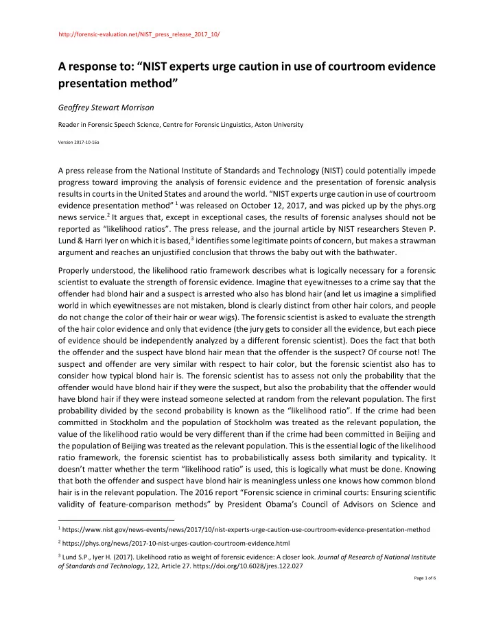 a response to nist experts urge caution in use of