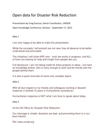 Open data for Disaster Risk Reduction Presentation by Craig Duncan, Senior Coordinator, UNISDR Open