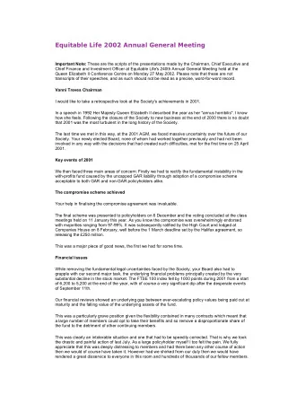 Equitable Life 2002 Annual General Meeting Important Note: These are the scripts of the