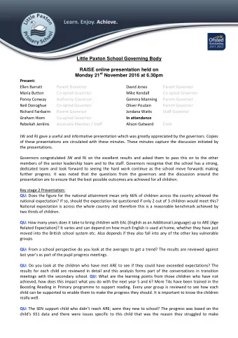 Little Paxton School Governing Body  RAISE online presentation held on Monday 21 st November 2016