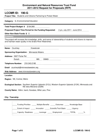 LCCMR ID: 190-G  Project Title:  Students and Citizens Partnering to Protect Water  Category:  G.