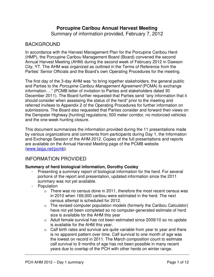 porcupine caribou annual harvest meeting summary of