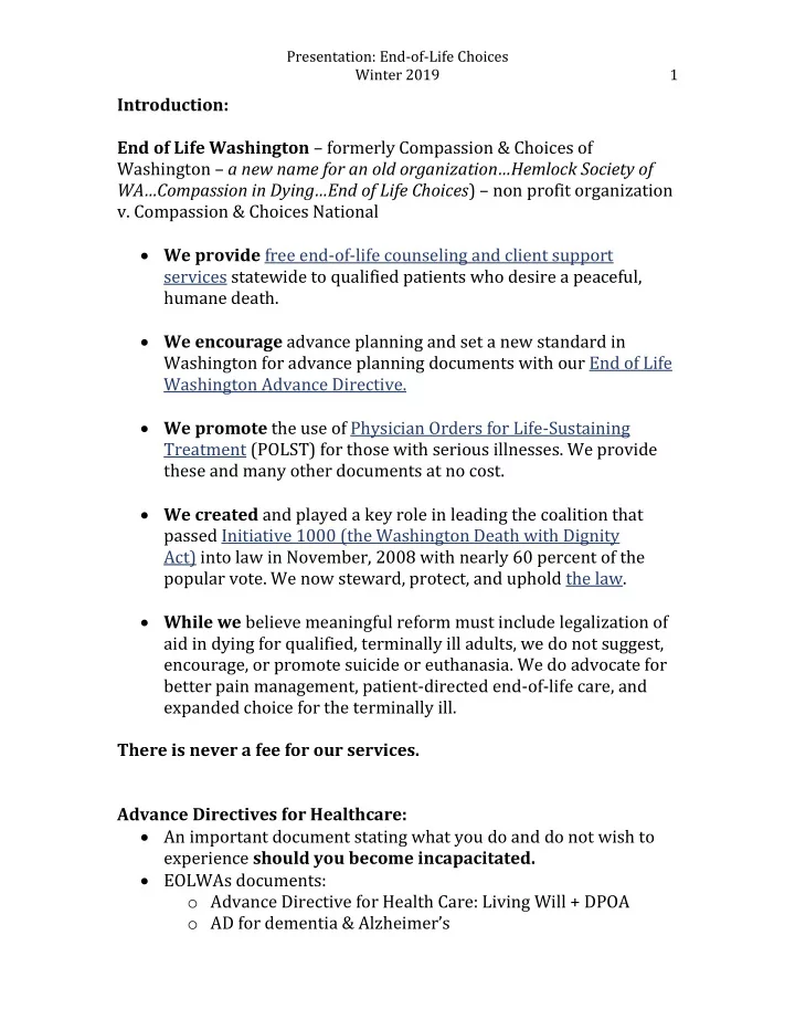 introduction end of life washington formerly compassion