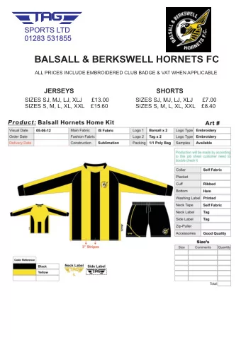 BALSALL &amp; BERKSWELL HORNETS FC  ALL PRICES INCLUDE EMBROIDERED CLUB BADGE &amp; VAT WHEN