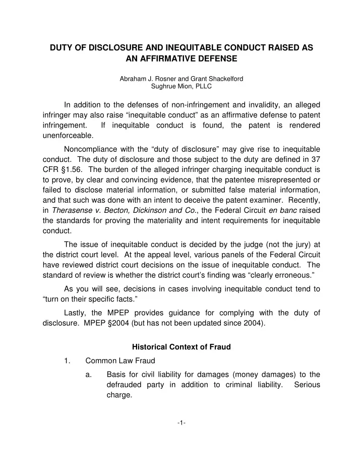 duty of disclosure and inequitable conduct raised as an