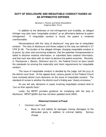 DUTY OF DISCLOSURE AND INEQUITABLE CONDUCT RAISED AS  AN AFFIRMATIVE DEFENSE  Abraham J. Rosner and