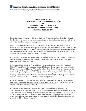 S UBMISSION TO THE C OMMISSION ON P OST -S ECONDARY E DUCATION BY E NTERPRISE G REATER M ONCTON P