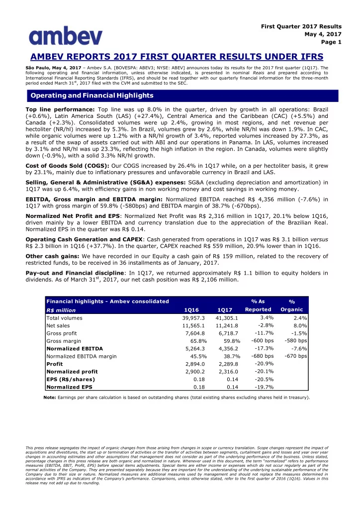 ambev reports 2017 first quarter results under ifrs