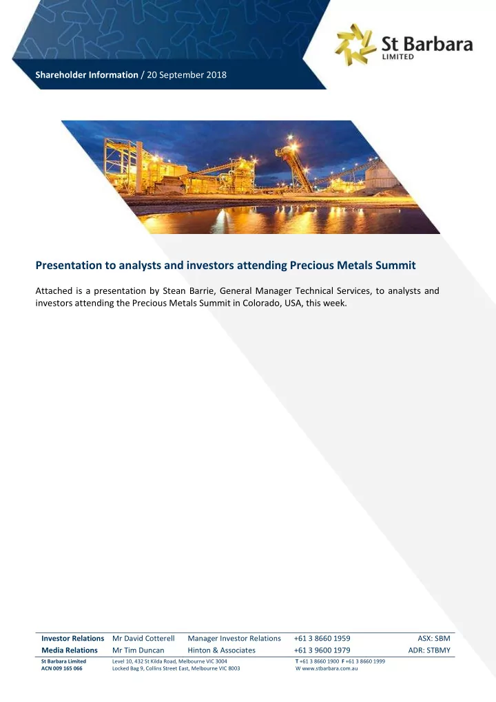 presentation to analysts and investors attending precious