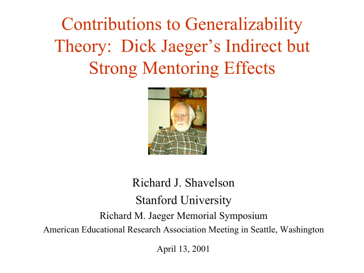 contributions to generalizability theory dick jaeger s
