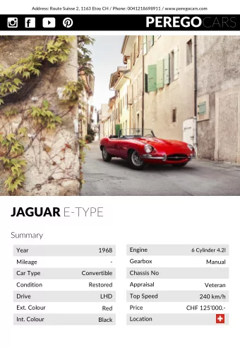 PEREGO CARS JAGUAR E-TYPE  Summary  Engine  Year  1968  6 Cylinder 4.2l  Gearbox  Mileage  -