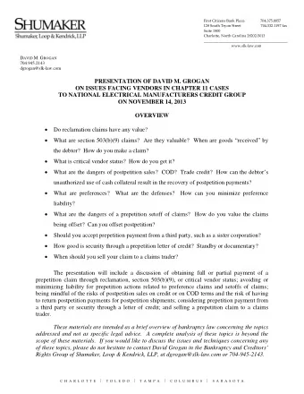 PRESENTATION OF DAVID M. GROGAN  ON ISSUES FACING VENDORS IN CHAPTER 11 CASES  TO NATIONAL