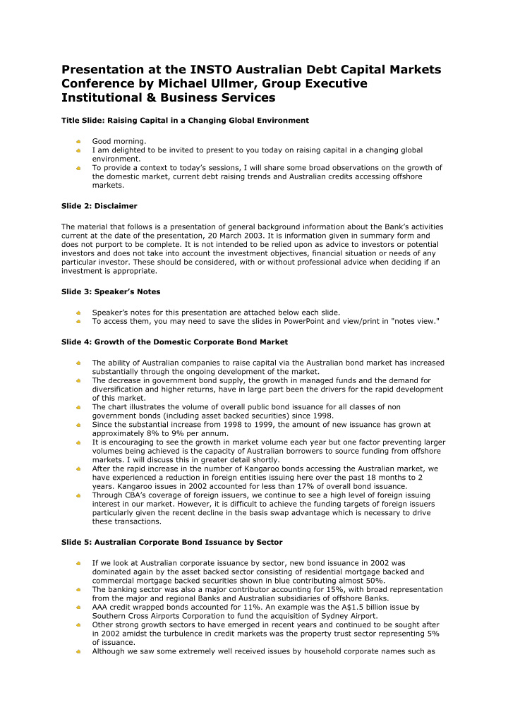 presentation at the insto australian debt capital markets