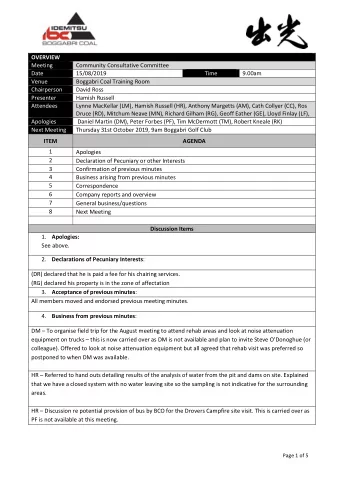 OVERVIEW Meeting  Community Consultative Committee Date  15/08/2019  Time  9.00am Venue  Boggabri