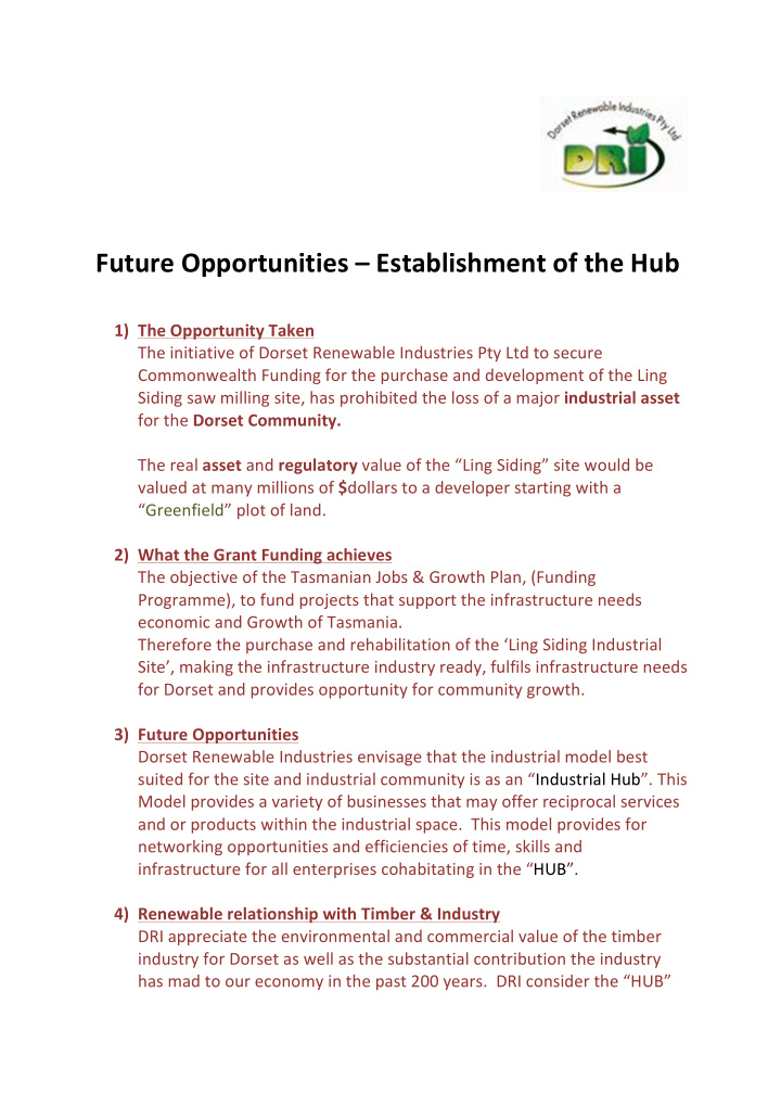 future opportunities establishment of the hub