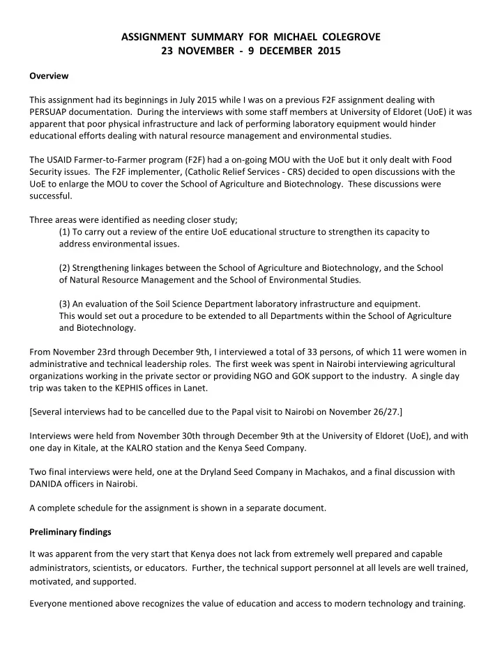 assignment summary for michael colegrove 23 november 9