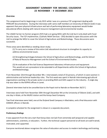 ASSIGNMENT  SUMMARY  FOR  MICHAEL  COLEGROVE  23  NOVEMBER  -  9  DECEMBER  2015  Overview  This