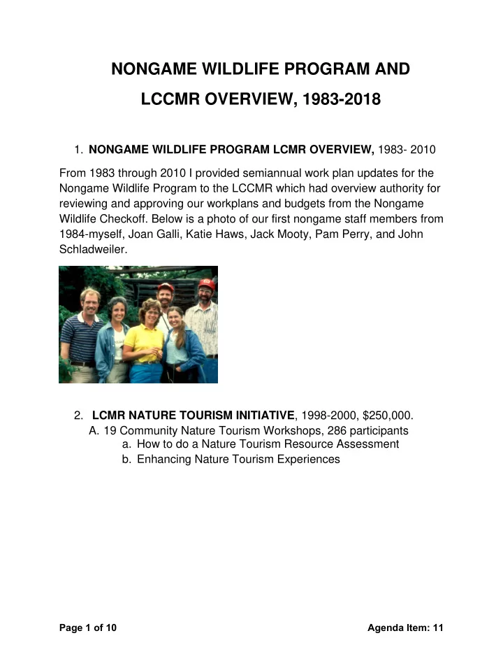 nongame wildlife program and lccmr overview 1983 2018