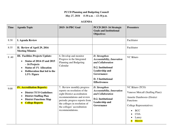 pccd planning and budgeting council may 27 2016 8 30 a m