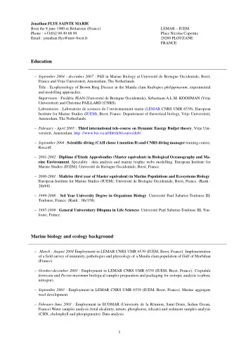 Education  September 2004 - december 2007 : PhD in Marine Biology at Universit de Bretagne