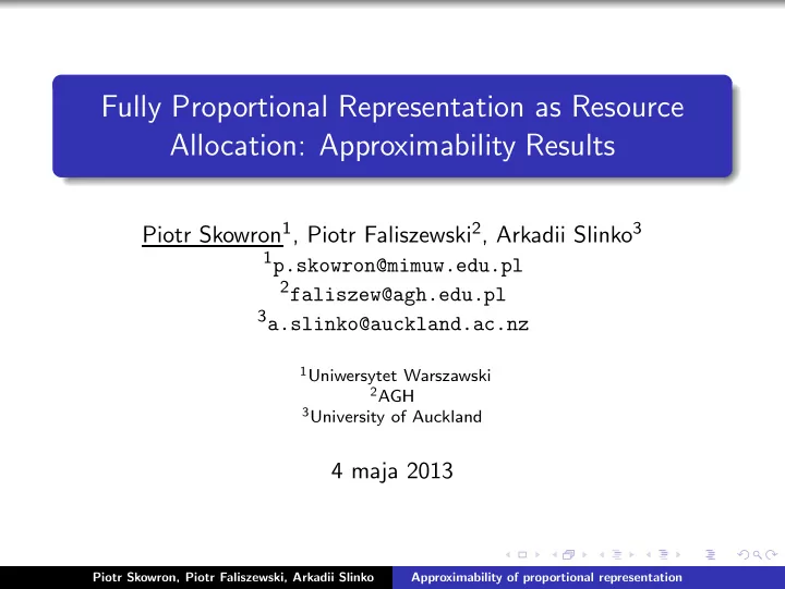 fully proportional representation as resource allocation
