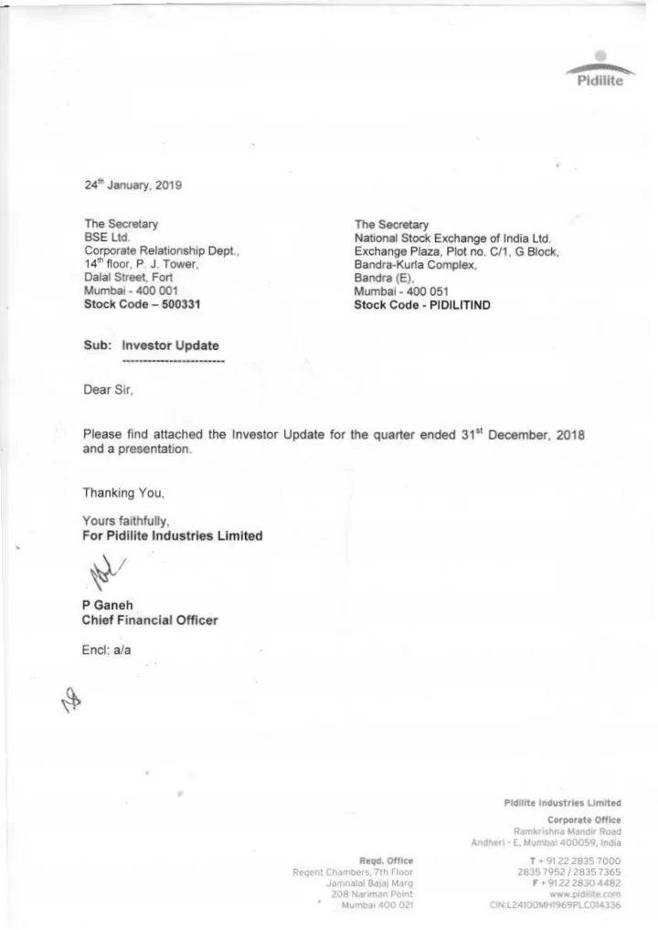 pidilite industries limited investor update quarter and