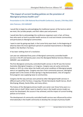 The impact of current funding policies on the provision of  Aboriginal primary health care