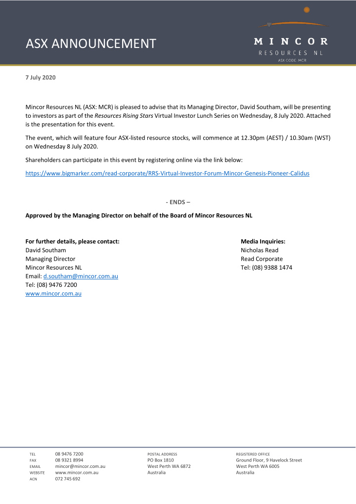 asx announcement 7 july 2020 mincor resources nl asx mcr