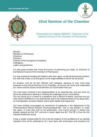 22nd Seminar of the Chamber  Presentation by Isabelle ADENOT, Chairman of the  National Council of
