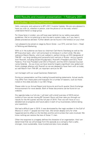 2010 Results and investor presentation:  1 February 2011  Bob Dudley:  Group Chief Executive