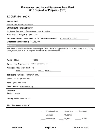 LCCMR ID: 100-C  Project Title:  Valley Creek Protection Initiative  LCCMR 2010 Funding Priority: