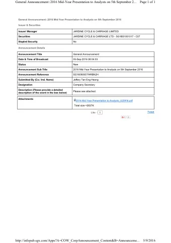 General Announcement::2016 Mid-Year Presentation to Analysts on 5th September 2...  Page 1 of 1