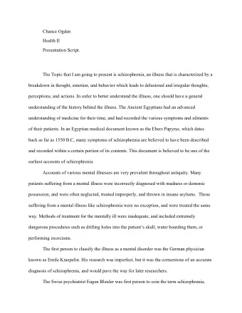Chance Ogden  Health II  Presentation Script.  The Topic that I am going to present is