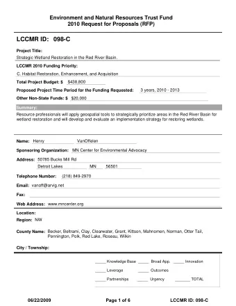 LCCMR ID: 098-C  Project Title:  Strategic Wetland Restoration in the Red River Basin.  LCCMR 2010