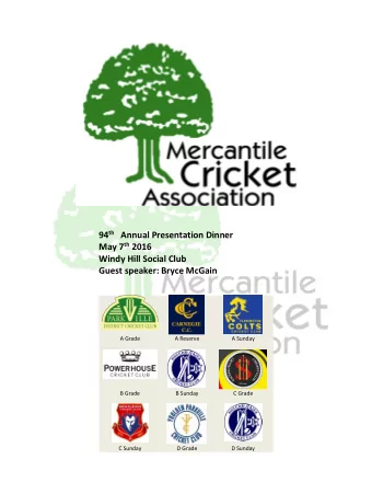 94 th Annual Presentation Dinner May 7 th 2016  Windy Hill Social Club Guest speaker: Bryce McGain