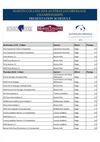 MARTIN COLLINS 2018 AUSTRALIAN DRESSAGE  CHAMPIONSHIPS  PRESENTATION SCHEDULE  Wednesday 17/10 -