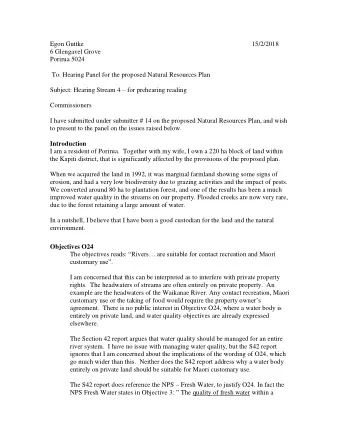 Egon Guttke  15/2/2018  6 Glengavel Grove  Porirua 5024  To: Hearing Panel for the proposed Natural