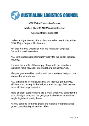 NSW Major Projects Conference  Michael Kilgariff, ALC Managing Director  Tuesday 24 November 2015