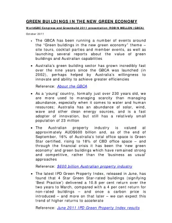 GREEN BUI LDI NGS I N THE NEW  GREEN ECONOMY  W orldGBC Congress and Greenbuild 2 0 1 1