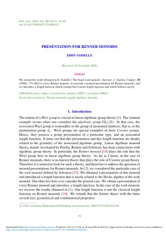 PRESENTATION FOR RENNER MONOIDS  EDDY GODELLE  (Received 26 November 2009)  Abstract We extend the