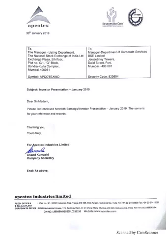 Scanned by CamScanner  EARNINGS PRESENTATION  9M / Q3-FY19  Executive Summary  OVERVIEW  Apcotex