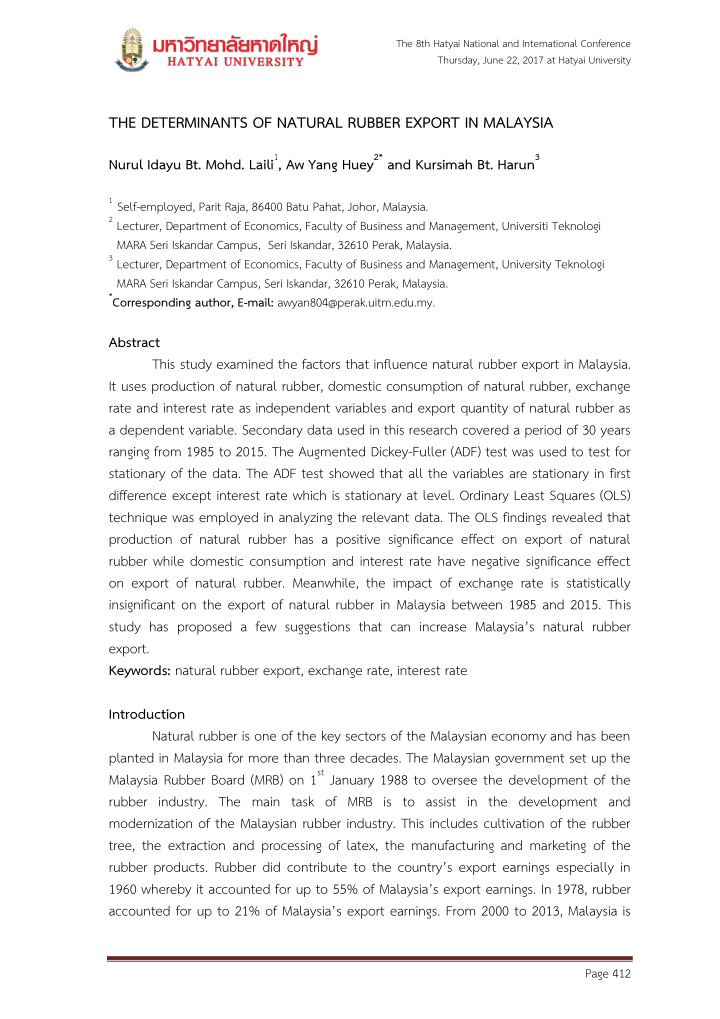 the determinants of natural rubber export in malaysia