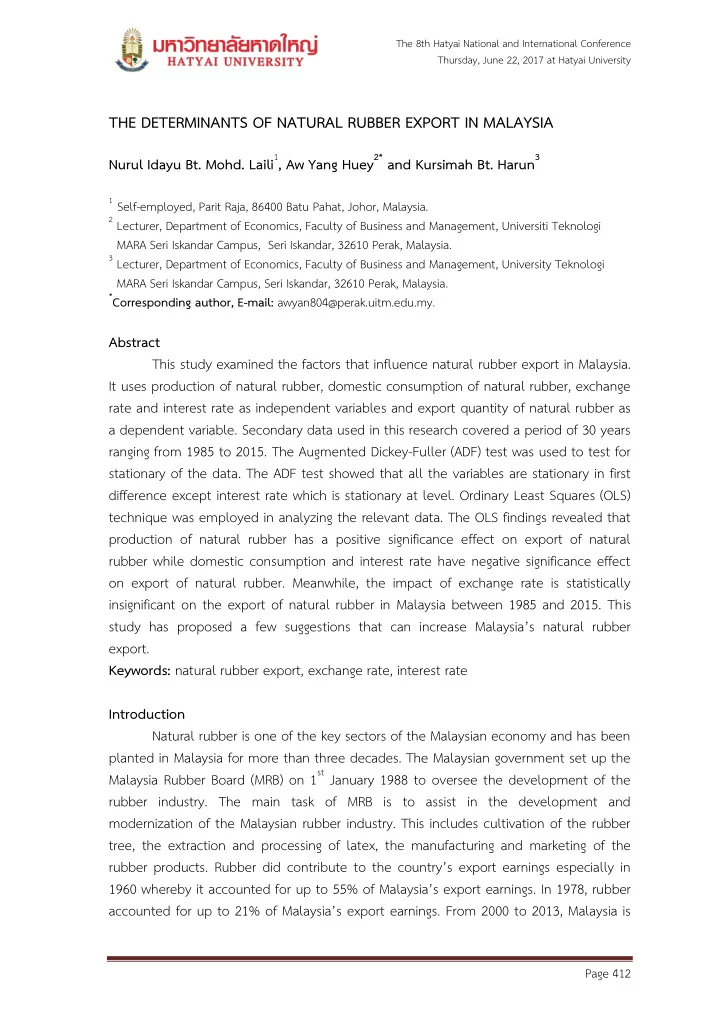 the determinants of natural rubber export in malaysia