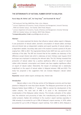 THE DETERMINANTS OF NATURAL RUBBER EXPORT IN MALAYSIA Nurul Idayu Bt. Mohd. Laili 2 , Aw Yang Huey