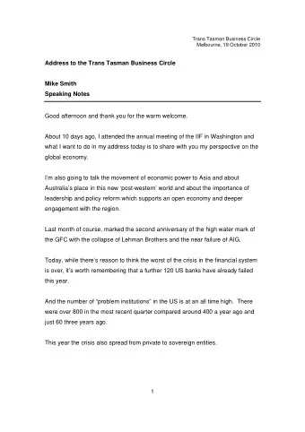 Trans Tasman Business Circle  Melbourne, 19 October 2010  Address to the Trans Tasman Business