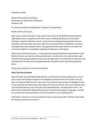 December 9, 2019  Warden Penny Smith and Council  Municipality of the District of Shelburne