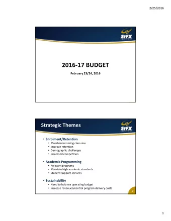 2016  17 BUDGET February 23/24, 2016 Strategic Themes  Enrolment/Retention  Maintain