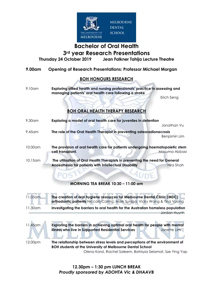 bachelor of oral health 3 rd year research presentations
