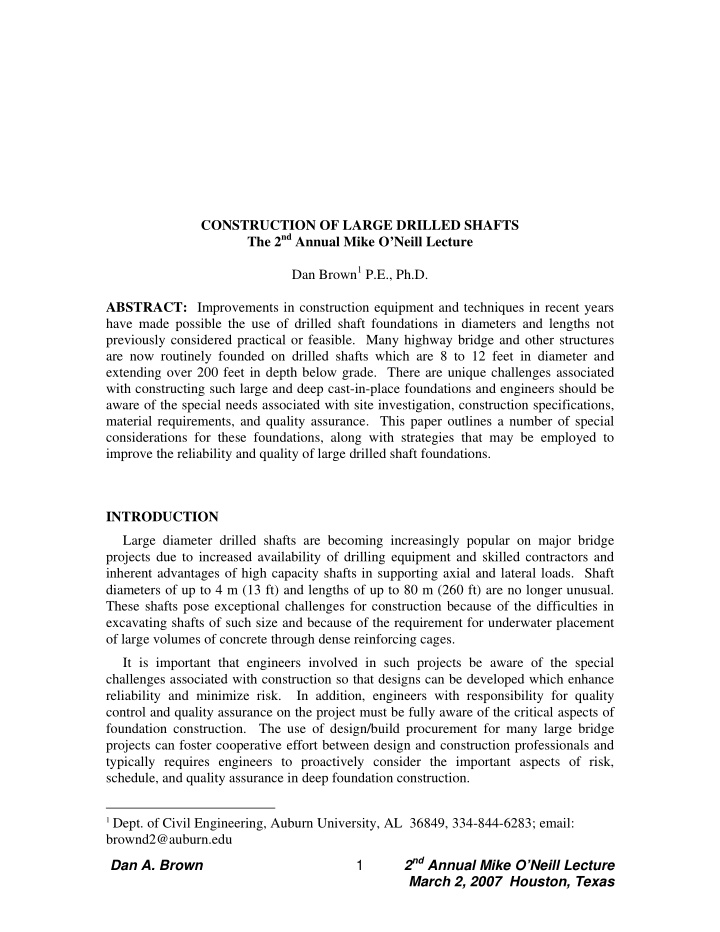 construction of large drilled shafts the 2 nd annual mike